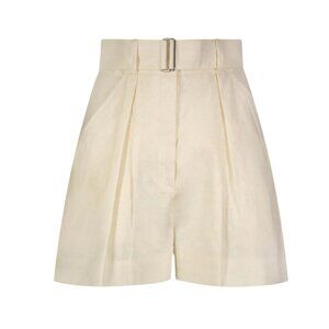 Matthew Bruch Linen Pleated Shorts Womens 2 Cream Ivory High Rise Waist Belted